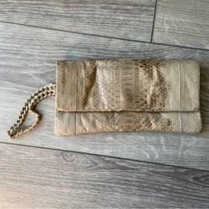 Beige Snake Skin Flap Clutch Wristlet Purse